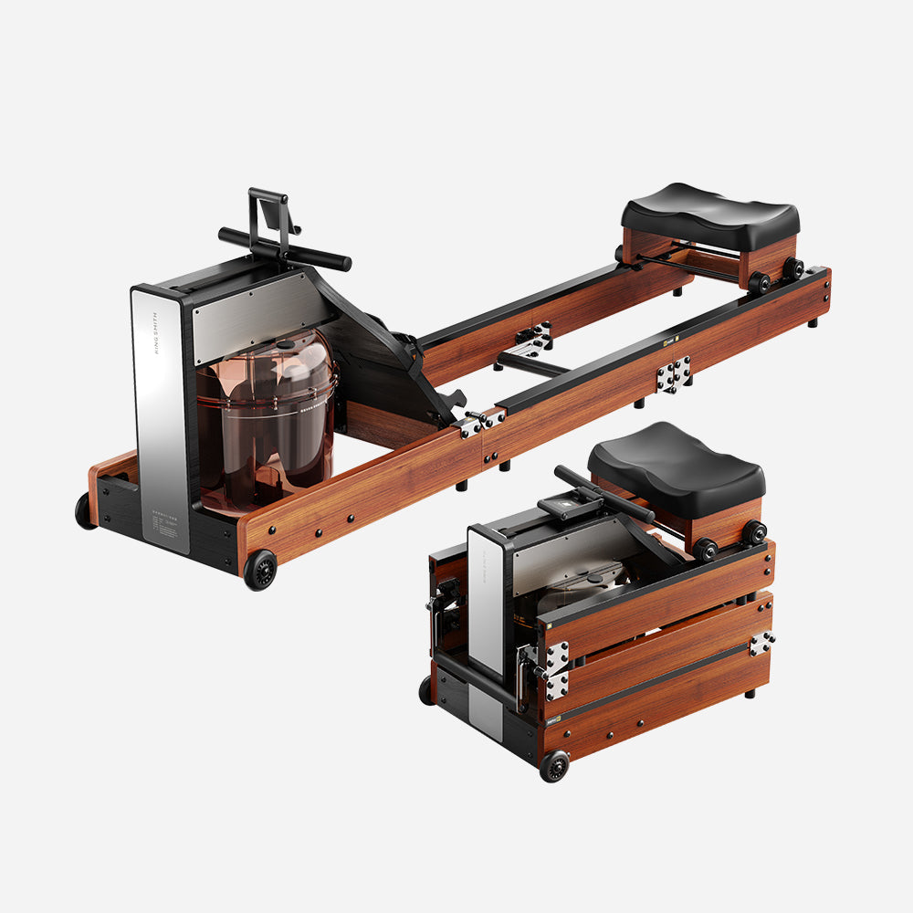 WR1 remadora de madera plegable, vista abierta y plegada, perfecta para fitness en casa.